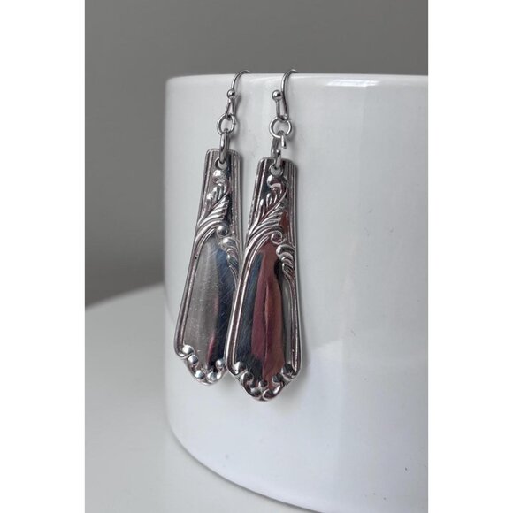 Up-cycled antique silverware earrings dangle drop silver plated flatware jewelry - Picture 3 of 4